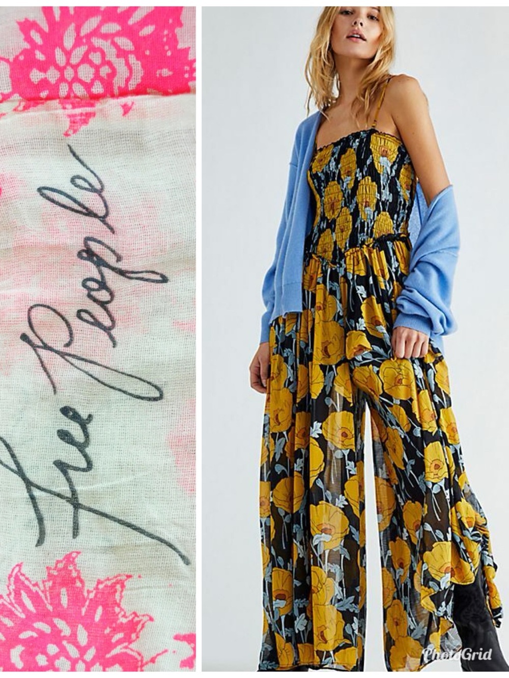 Free People Black & Yellow Floral Wide-Leg Jumpsuit